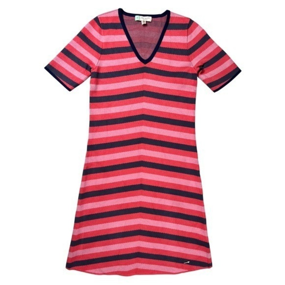 Ted Baker Peyoti Striped Dress Women US Sz 2 Multicolor Knit V-Neck Short Sleeve